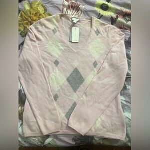 NWT Charter Club Pink and Gray Argyle V-Neck 2-ply 100% Cashmere Sweater